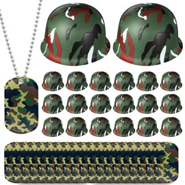 PullCrease 60 Pcs Army Party Favor Helmet Costume Includes Kid Plastic Camouflage Hats Military Dog Tags Beaded Chains
