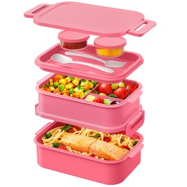 WayEee Lunch Box Adults,2130ml Large Capacity Bento Lunch Box with Compartments, 3 Layers Leak-Proof Bento Box for Office, School(Pink)