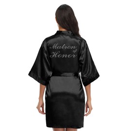 North Bund Women's Kimono Bride Bridesmaid Robes with Rhinestones Short Satin Bathrobes Wedding Party Getting Ready Day Matron of Honor Black