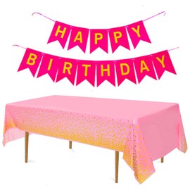 jiuzcare Party Tablecloths with Gold Dot, 137 x 274 cm, Rectangle Tablecloth, Plastic Tablecloths, Oilcloth, Washable with Happy Birthday Banner for Party, Picnic, Weddings, Birthday, Pink
