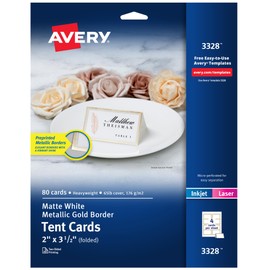 Avery Printable Tent Card, 2" x 3.5", White with Metallic Gold Borders 80 Blank Place Cards for Laser or Inkjet Printers (3328)