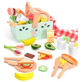 KizKnows Wooden Toy Picnic Playset, 31 Pcs Wooden Play Food Sets for Kids Pretend Play Cutting Food Toys Toddlers Play Kitchen Accessories Gift for Girls Boys Age 3+
