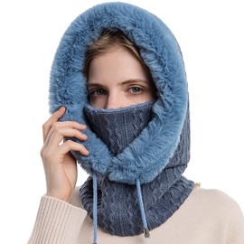 WANYIG 2 in 1 Winter Hat Knitted Hat Warm Hat Circle Scarf Set Balaclava Winter Knitted Hat with Fleece Lining for Women Windproof Hat Cold Protection Ski Hat 56-60 cm, blue