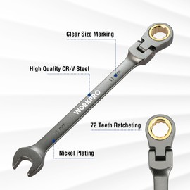 WORKPRO 11 mm Flex-Head Ratcheting Combination Wrench, Cr-V Constructed, Nickel Plating, 72-Tooth, 12 Point Design, Metric