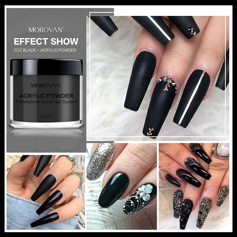 Morovan Black Acrylic Powder for Nails - 2oz Professional Acrylic