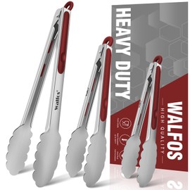Walfos Stainless Steel Kitchen Tongs for Cooking- 7 ，9 and 12 Inch Heavy Duty Locking Metal Tongs for Cooking, BBQ Grilling, Set of 3 Food Grade Kitchen Tongs Non-Slip Grip(Wine Red)
