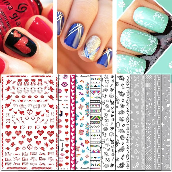 TailaiMei Nail Decals Stickers, 1600+ Pcs Self-Adhesive Tips DIY Nail Art Design Stencil (12 Large Sheets)
