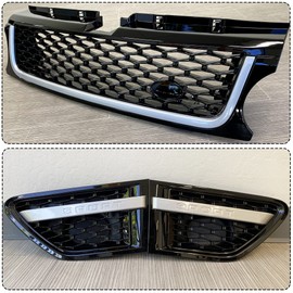 HECASA Front Grille+Air Side Vents Compatible with 2010-2013 Land Rover Range Rover Sport L320 Black and Silver Grill Assembly Replacement