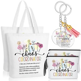 Bulyoou 6 Pcs Christmas Chaos Coordinator Gifts for Women Appreciation Makeup Bag Chaos Coordinator Tote Bag Cosmetic Bags Zipper Canvas Tote Bag Acrylic Key Chains with Tassel for Coworker