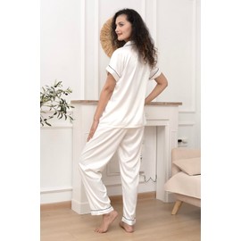 WJing Yi Jia Womens Pajamas Set XS-3XL Floral Silk Satin Pajama Sets Silky Pj Sets 2Pcs Loungewear Sleepwear Button Down Pjs White