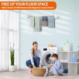 FOCHIER F Laundry Drying Rack Wall Mounted Clothes Drying Rack Collapsible with 5 Aluminum Rods and Drilling Template Long Screwdriver Bit 60 lbs Capacity (White, 23.6")