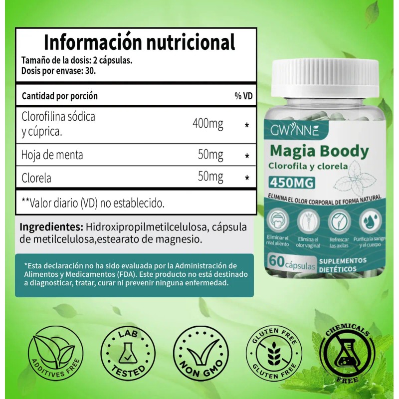 Gwynne Boody Magic Tabletas Clorofila Natural Olor Corporal Femenino Contiene