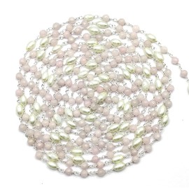 Rose Quartz Jade with Glass Pearl 36 Inch 92.5 Sterling Silver Plated 4 mm - 4 x 6 mm Rondelle Drum Faceted Smooth Beads Necklace Chains Bulk for DIY Necklace Bracelet Jewellery Making 3 Feet