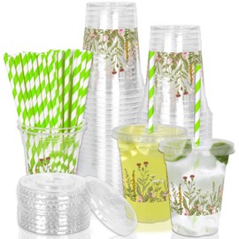 JarThenaAMCS 50Pcs 12Oz Wildflower Disposable Plastic Cups with Lids and Straws Vintage Floral Cold Beverage Drinking Cups for Home Kitchen Party Supplies