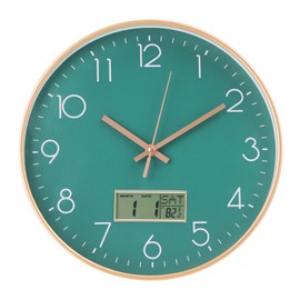 BAKBRAND Wall Clock with LCD Display Non-Ticking Silent Quartz Movement Decor Clock with Perpetual Calendar and Temperature Modern Style Round Wall Clocks for Office/Living Room/Bedroom(Green, 12inch)