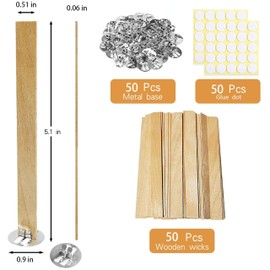 Visgaler 150 Pcs Thickned Wooden Candle Wicks. 5.1 X 0.5 X 0.06 Inch Upgrade Crackling Wooden Wicks, Long Lasting Smokeless Wood Wicks with Iron Standers, Wick Stickers, and Warning Labels- 50 Sets