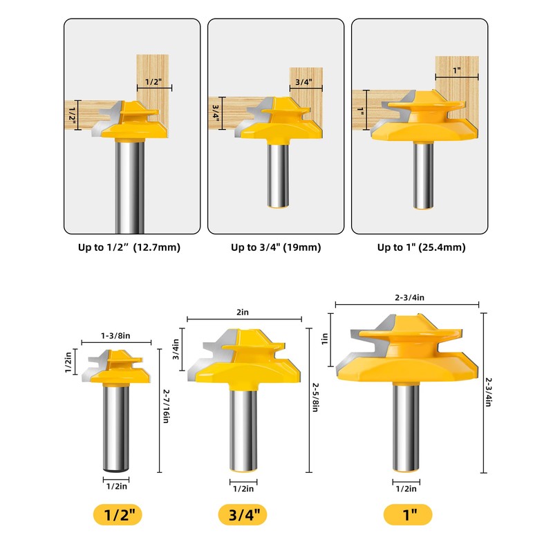 Router Bits, Allmake 3pcs Lock Miter Router Bits 1/2 Shank,
