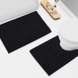 Arotive Luxury Chenille Bathroom Rugs Set 2 Piece, Extra Soft Absorbent Shaggy Bath Mat and U-Shaped Contour Toilet Rug, Non-Slip Machine Wash Dry Bath Mats Set for Bathroom, Black