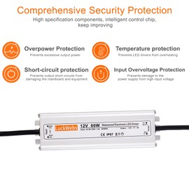 LuckWebs LED Driver 12V 60W Waterproof IP67 Power Supply Transformer AC90-240V to DC 12V5A Switching Power Supply Stable Performance Suitable for Indoor Outdoor LED Strip Lights and 12V DC Devices
