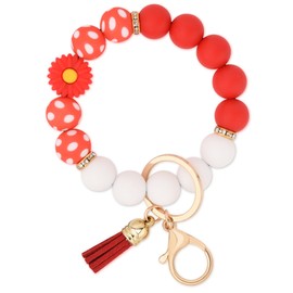 BAOSIWA Silicone Beaded Keychain Wristlet Key Ring Bracelet Daisy Red Car Key Chain Holder for Women Girls