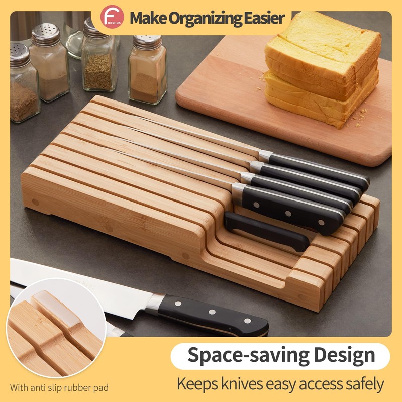 Bamboo Knife Block and In-Drawer Storage, Display Stand and Organizer,