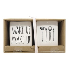 Rae Dunn Set of 2 Ceramic Brush Cup Holders (Make Up/Wake Up/White)