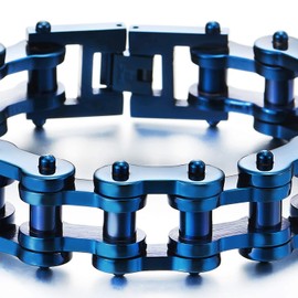 COOLSTEELANDBEYOND Exquisite Mens Blue Bike Chain Bracelet of Stainless Steel High Polished