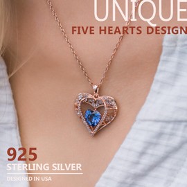 GEMMANCE 5 Heart Crystal Pendant Necklace - 925 Sterling Silver Chain - 18K Rose Gold Plated - Sapphire Blue - 18”+2” Birthstone Jewelry for Women - Gifts for Birthday, Christmas