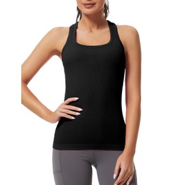 MathCat Workout Tank Tops for Women Athletic Basic Tanks Seamless Running Muscle Racerback Ribbed Yoga Tops with Built in Bra Black