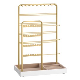 SONGMICS Jewelry Holder, Jewelry Organizer, Jewelry Display Stand with Metal Frame, Velvet Tray, Necklace Earring Bracelet Holder, for Studs, Rings, Christmas Gift, Pale Gold UJJS028A01