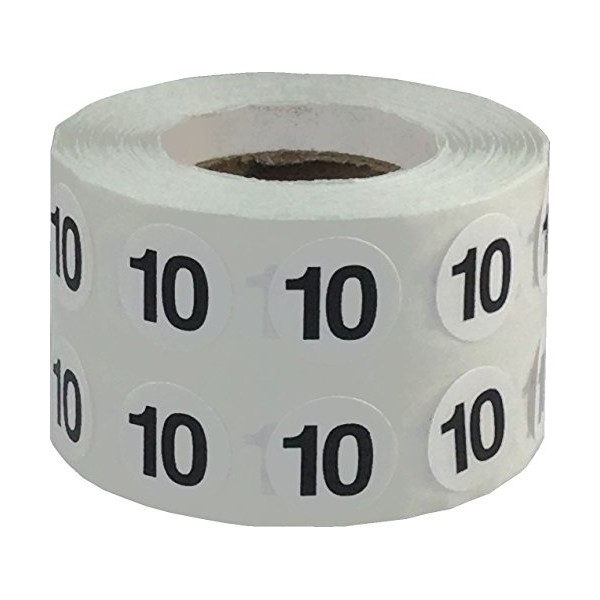 White Circle with Black Number 10 Stickers, 1/2 Inch Round,