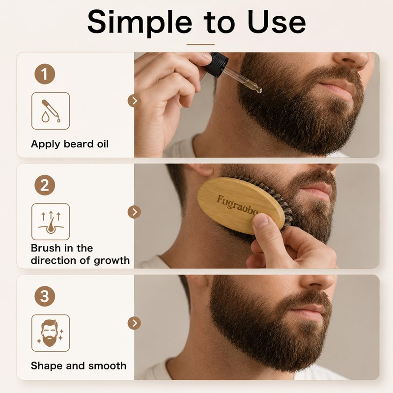 Boar Bristle Beard Brush Wooden Grooming Tool for Mustache Care