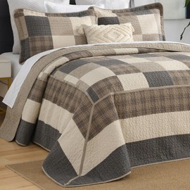 QuiltMuse Oversized King Bedspread 128"x120" - 100% Cotton Lightweight California King Quilt with 2 Pillowshams, Plaid Extra Wide Quilted Bedding Cover Coverlet, Cal King, Charcoal/Beige/Brown