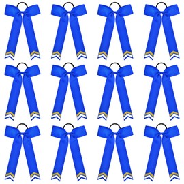 DEEKA 12PCS Collegiate Style Cheer Bows with Glitter Chevrons Tail Skinny College Cheerleader Ponytail Holder for Volleyball Softball Girls (Royal Blue/Gold/White)