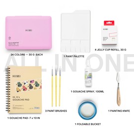 HIMI Deluxe 24 Colors Jelly Gouache Paint Gift Set – Complete Art Kit with Pad, Spray, Palette, Brushes, Painting Knife, Foldable Bucket & Refills for Beginners, Students & Artists