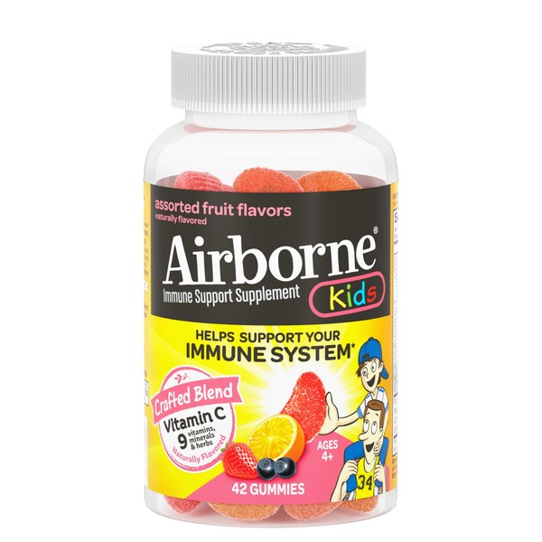 Airborne KIDS 500mg Vitamin C Gummies, Kids Immune Support Zinc Gummies with Powerful Antioxidants Vit C & E - 42 gummies, Assorted Fruit Flavor