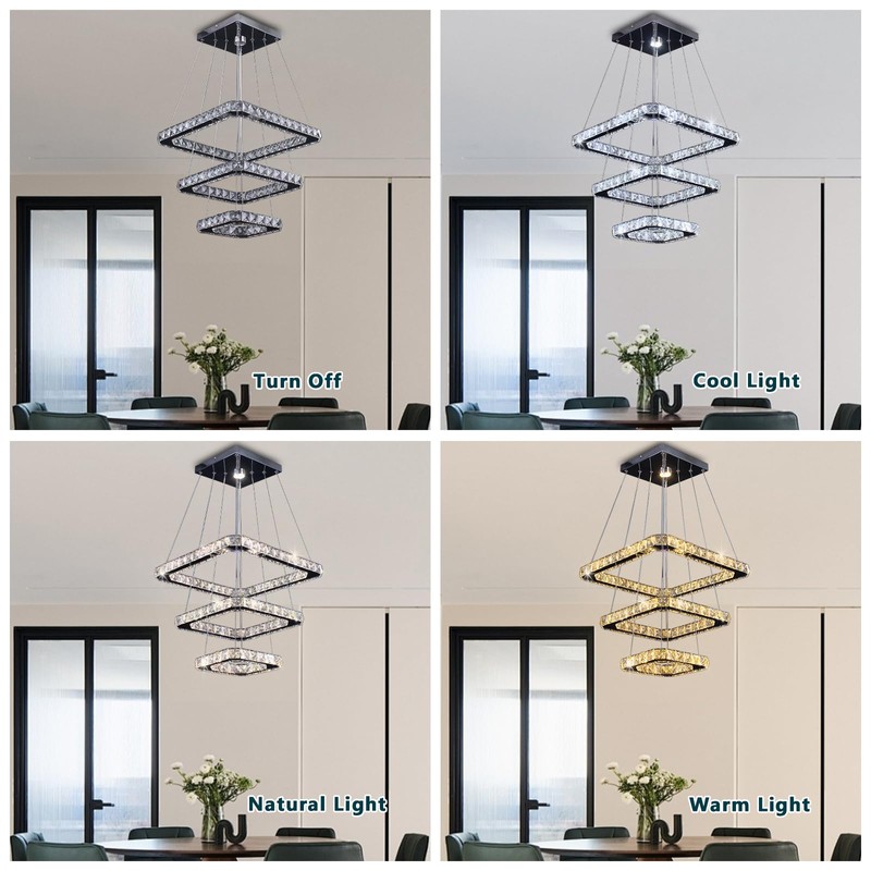 diisunbihuo Modern Crystal Chandeliers LED Square 3-Rings Chandelier Pendant Lights