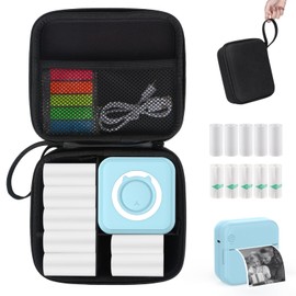 HUIJUTCHEN Blue Mini Pocket Printer with Black Case, Mini Thermal Printer with 10 Rolls Thermal Paper, Mini Portable Photo Printer for Travelling, Journal, Memo, Photo, Study Notes, Shopping Lists