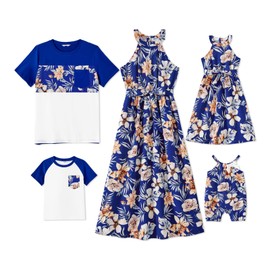 PATPAT Conjuntos familiares a juego, vestidos para mamá y mí, estampado de hojas, tirantes delgados, casuales, sin mangas, Azul profundo, XL