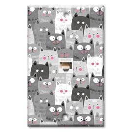 Art Plates - One Port RJ45 Ethernet decorative printed keystone style wall plate. Works with Cat5 through Cat8 cables. Female to Female Connection. - Gray and White Cat Toss