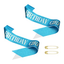 PATIKIL Birthday Girls Sash, 2 Pcs Glitter Birthday Sash for Women Satin Princess Queen Sash Party Decorations with Safety Pin for Party Gifts Favors, Blue Fantasy