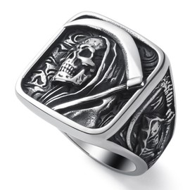 WESTMIAJW Mens Skull Ring Stainless Steel Gothic Punk Goth Reaper Skull Rings Jewellery for Men Size T1/2