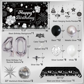 Miidenks 40th Birthday Decorations Set for Man Women,Black Silver Happy 40 Birthday Party Supplies with Birthday Backdrop Banner Birthday Tablecloth 40 Number Balloons for Her Him