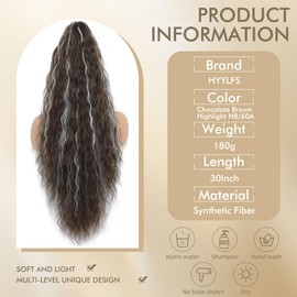 Claw Clip in Ponytail Extension 30 Inch Long Wave Curly Pony Tail Hair Extensions for Women fluffy Natural Looking Synthetic Hairpiece for Daily Use(Chocolate Brown Highlight H8/60A, 30Inch)