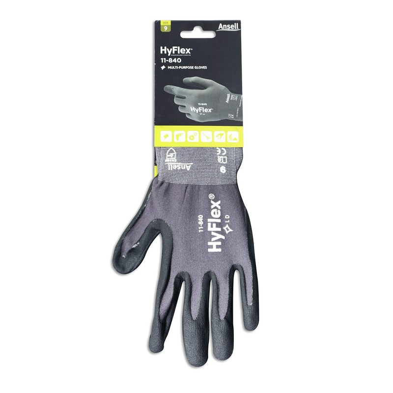 Ansell HyFlex 11-840 Work Gloves, Multi-purpose, Construction, Mechanic Glove Abrasion-resistant,