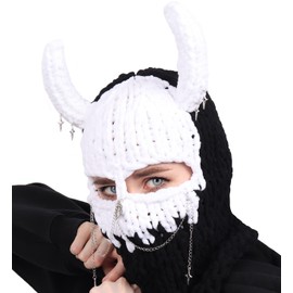 DAZCOS Knitted Balaclava Hat Devil Horn Bunny Ears Head Mask Winter Woolen Beanie Riding Hats for Women and Men (White+Black)