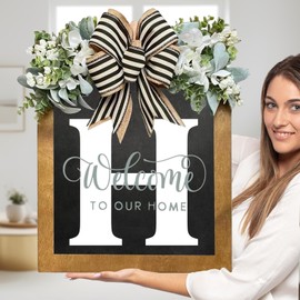 Last Name Welcome Sign for Front Door-14"x12", Wreaths for Front Door, 26 Letter Front Porch Decor Wreaths, Welcome Sign with Eucalyptus Garland and Bow, Wooden Farmhouse Wall Decor, Housewarming Gifts (H)