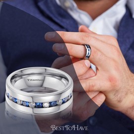 BESTTOHAVE Mens Titanium Ring With Blue Sapphire CZ Classic Wedding Engagement Band Ring L