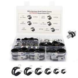 52Pcs Cable Clamps Assortment Kit, 304 Stainless Steel Rubber Cushioned Insulated Clamp, Loop Clamps, Pipe Clamps in 1/4" 5/16" 3/8" 1/2" 5/8" 3/4" （6 Sizes）