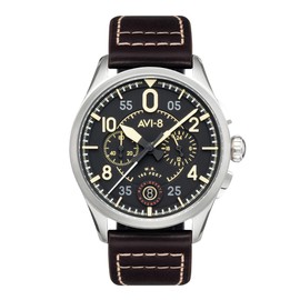 AVI-8 Mens 42mm Spitfire Lock Chronograph Midnight Oak Japanese Quartz Pilot Watch with Leather Strap AV-4089-01